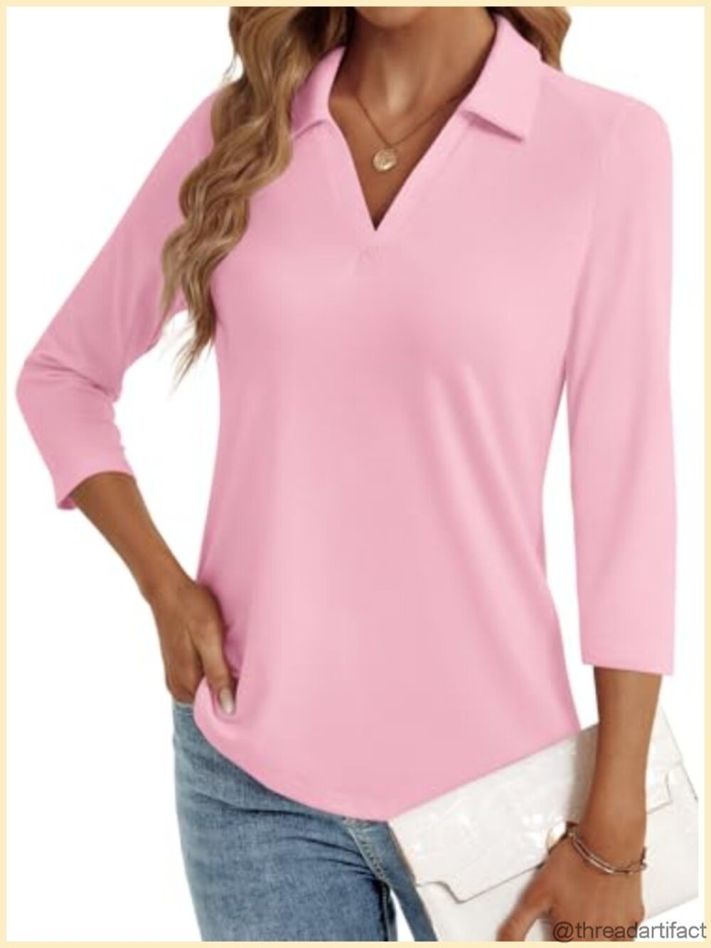 Women's 3/4 Sleeve V-Neck Polo Business Casual Blouse Pleated Drape